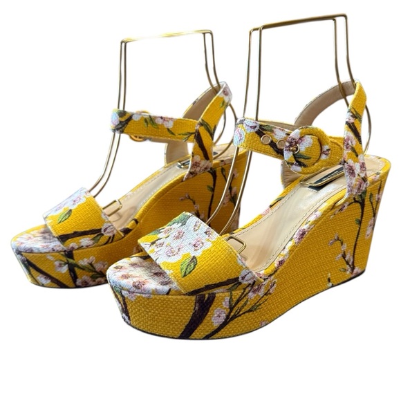 Dolce & Gabbana Yellow Cherry Blossom Floral Canvas Wedge Sandals EU 38 US 8